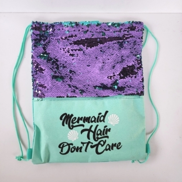NWT Mermaid Hair Dont Care Sequins Aqua Purple Drawstring Backpack - Picture 1 of 7